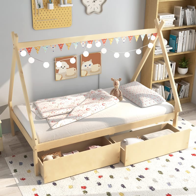 Kids Twin Size Wooden House-Shaped Platform Bed with Storage Drawers for Boys and Girls