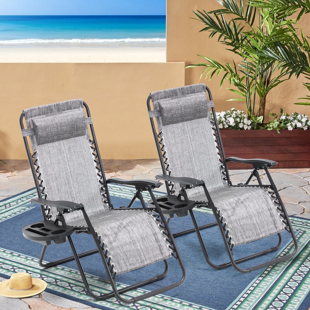 Zero Gravity Lounge Chair Set of 2 – Outdoor Folding Recliners with Cup Holder, Adjustable Headrest, Weather-Resistant Fabric