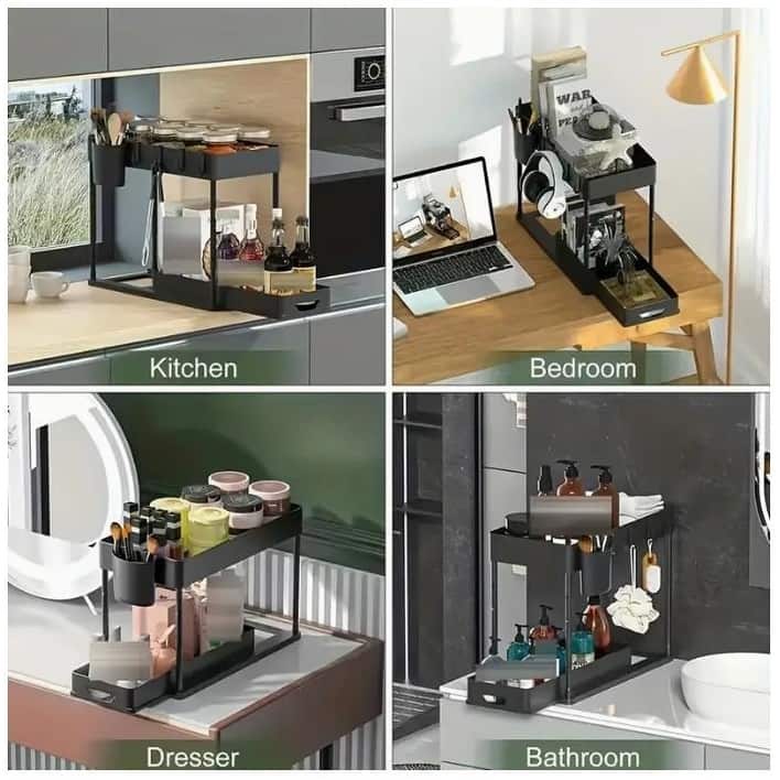 Anmytek 2 Tier Rustproof Under Sink Organizer Extendable Pull Out Storage Shelf for Kitchen Bathroom Cabinet