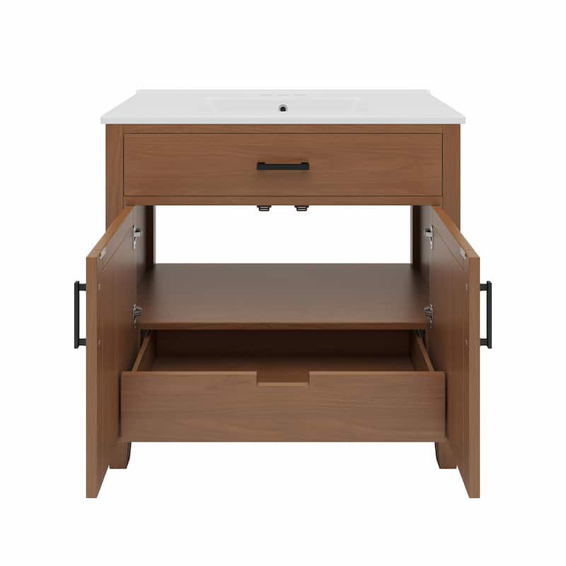 36" Rattan Bathroom Vanity with Ceramic Sink, Modern Bathroom Sink Cabinet with 2 Soft Close Doors and 3 Drawers