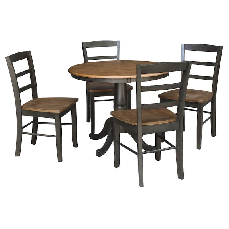 International Concepts Solid Wood 36" Round Pedestal Dining Table with 4 Madrid Ladderback Chairs - Hickory/Washed coal