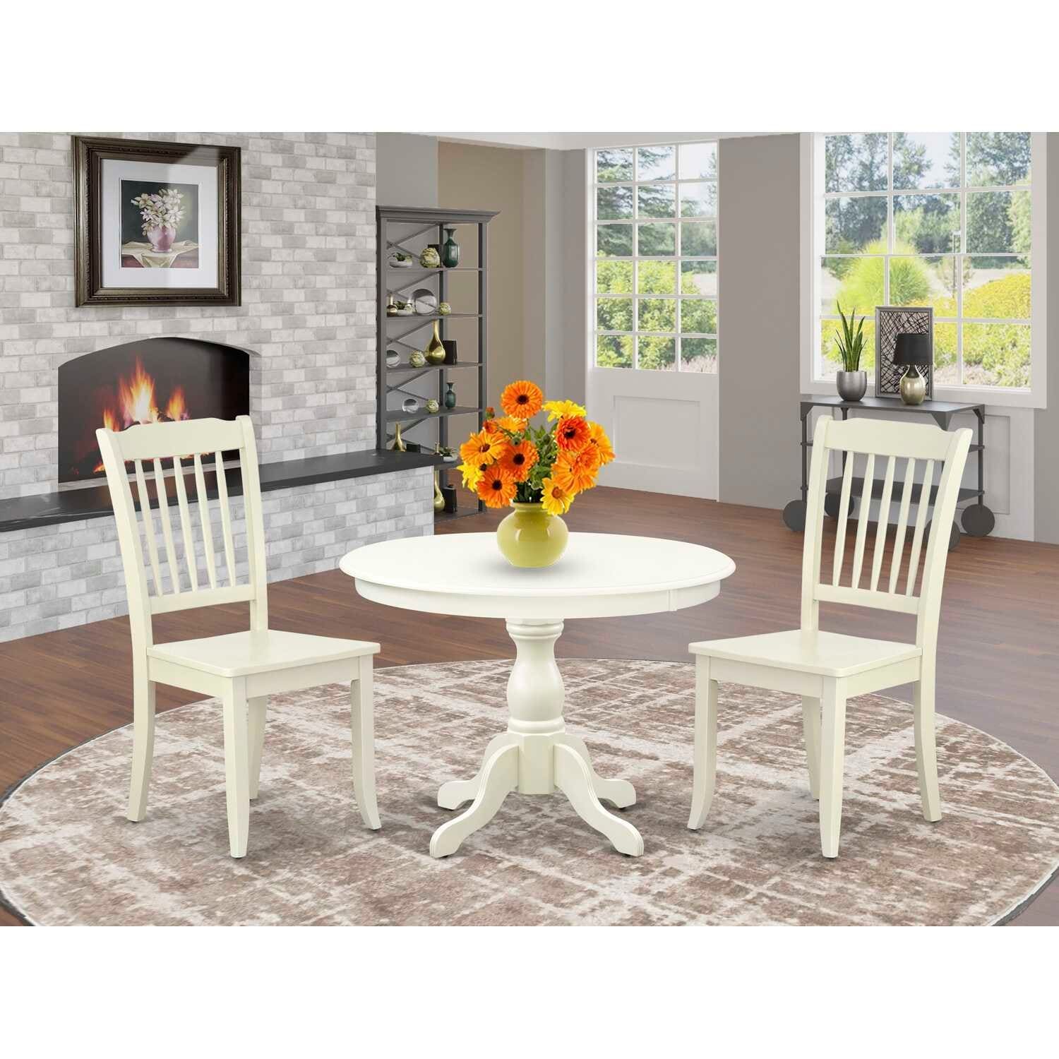 3-Piece Linen White Finish Solid Wood Top - Dining Room Set - Seats 4
