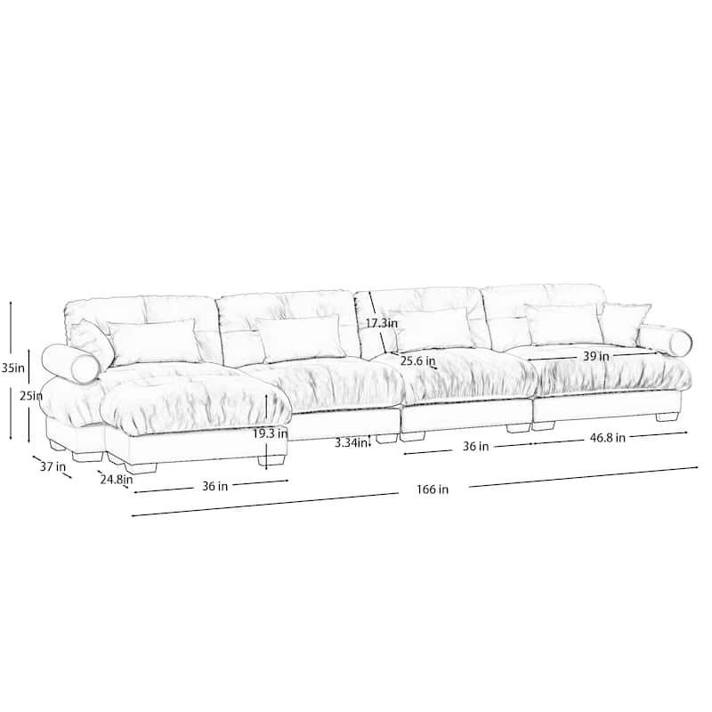166" 4-Seat Velvet L-Shaped Sectional Cloud Sofa with Convertible Design, Bolstered Armrests, and Included Pillows