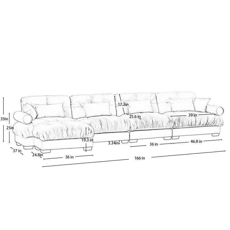 GDFStudio - Velvet 4-Seater 166" Cloud Modular Sectional Couch with Ottoman