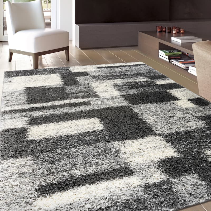 World Rug Gallery Distressed Modern Boxes Plush Shag Area Rug