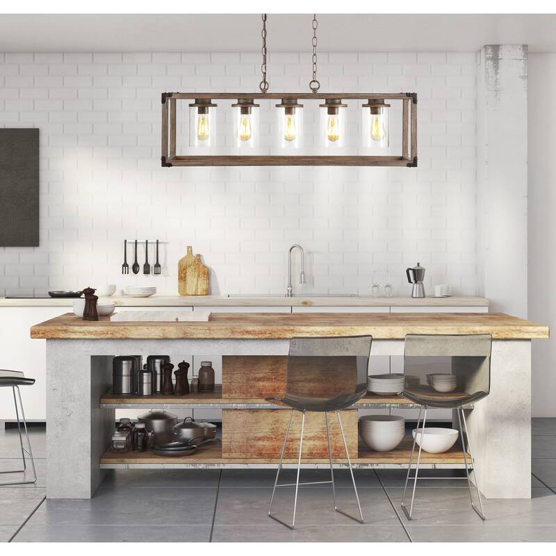 Darlene 36" 5-Light Linear Adjustable Iron/Seeded Glass Rustic Farmhouse LED Pendant, Brown by JONATHAN Y