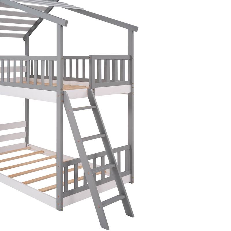 Twin Over Twin Bunk Bed Wood Bed House with Ladder, Storage Rack