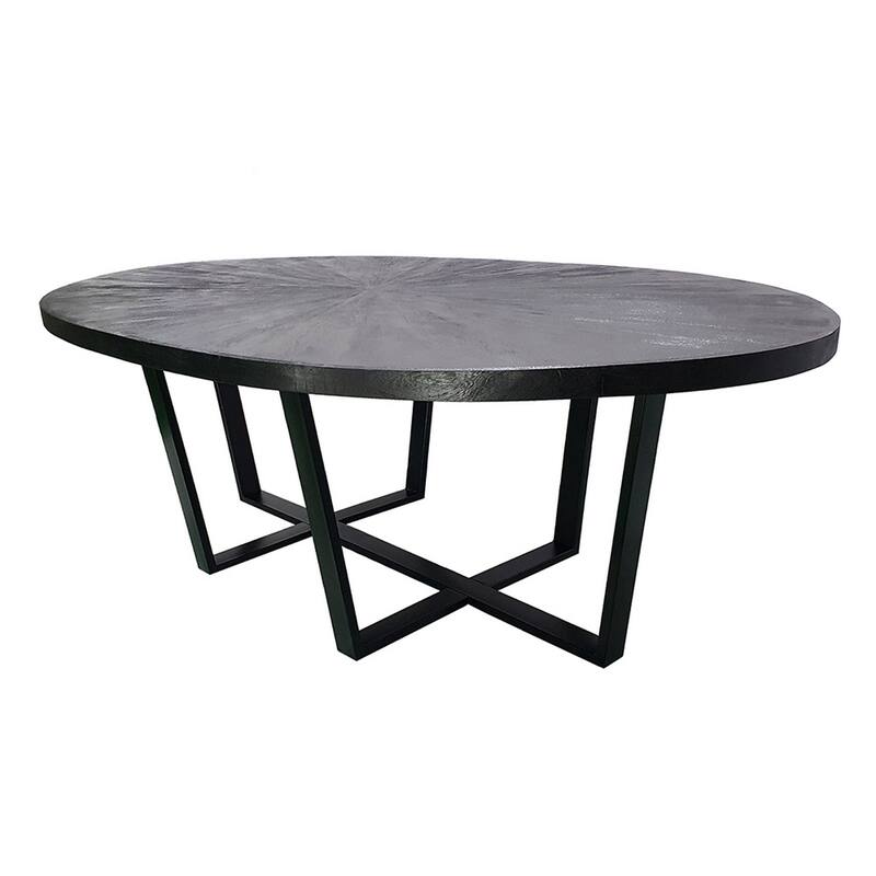 Raj 91 Inch Round Dining Table, Cross Legs Design, Black Acacia Wood, Iron