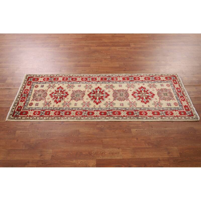Geometric Kazak Oriental Runner Rug Handmade Beige Wool Carpet - 2'0" x 5'9"