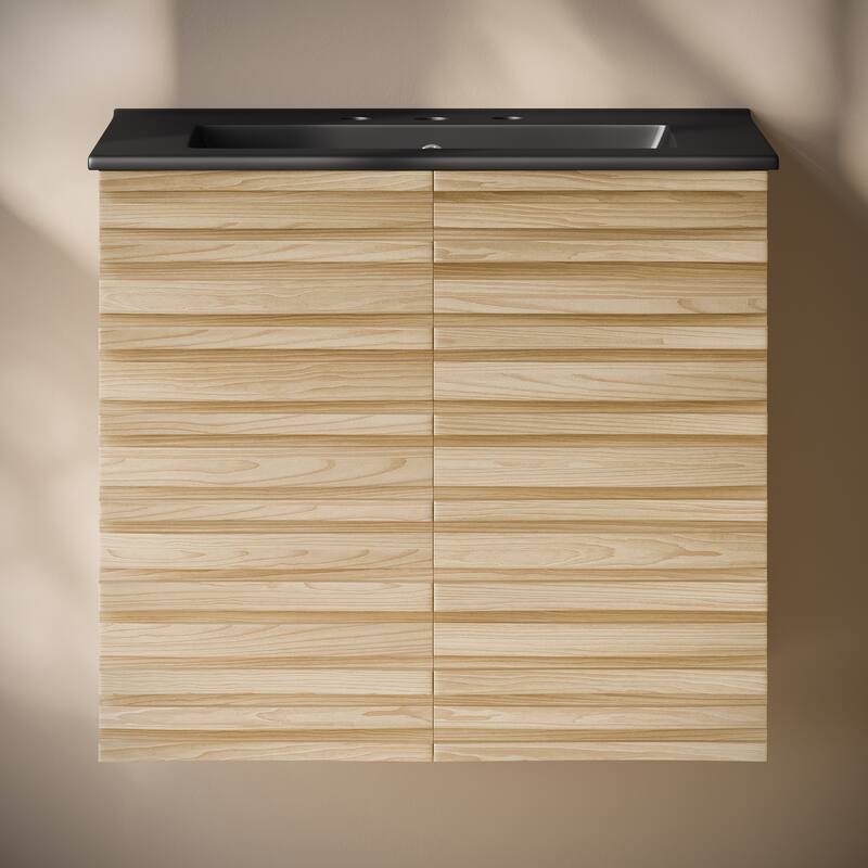 Cascade 24" Wall-Mounted Bathroom Vanity In Natural Oak With Black 3-Hole Widespread Sink Top - 24
