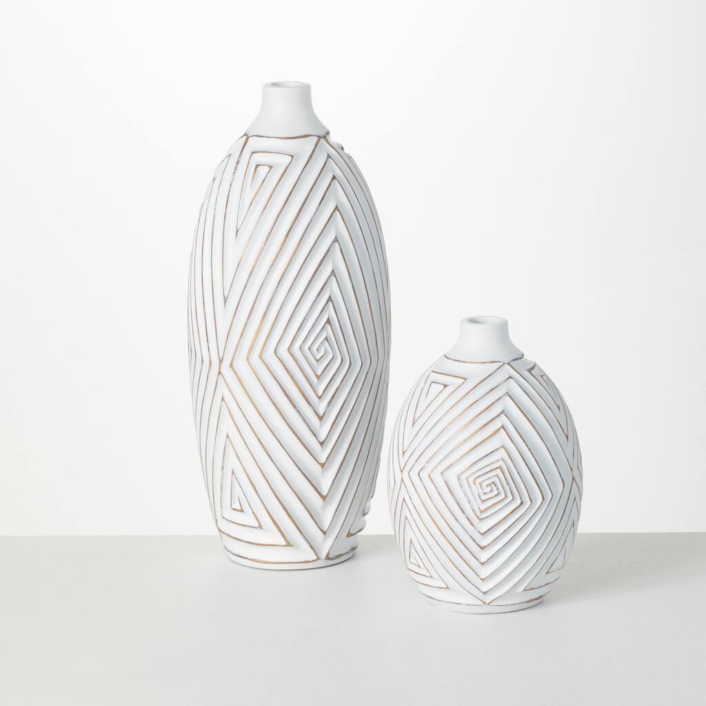 Sullivans Gold Brushed Mod Pattern Vases Set of 2, 17.25"H & 9"H White - 7"L x 7"W x 17.25"H, 6"L x 6"W x 9"H