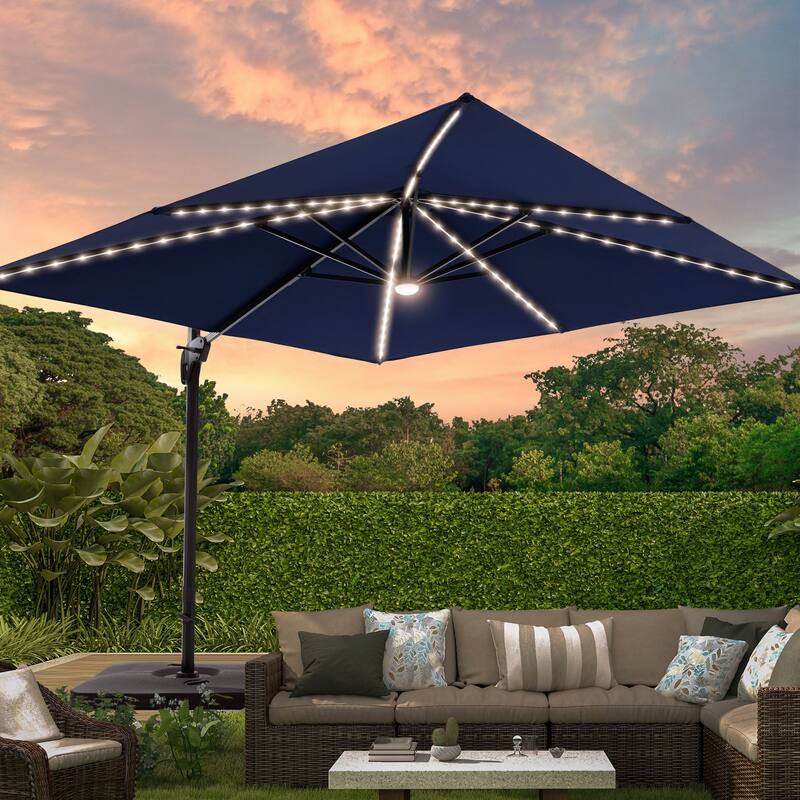 LIVOOSUN Patio10x10FT LED Aluminum Cantilever Umbrella Solution-Dyed Fabric w/Base - Navy Blue