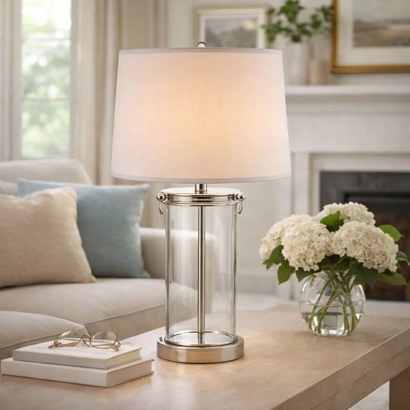 Axie 28 Inch Table Lamp, Glass Stand, Empire Shade, Metal, Nickel Finish