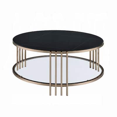 Abio Coffee Table, 35 Inch, Round Sintered Stone Top, Black and Gold