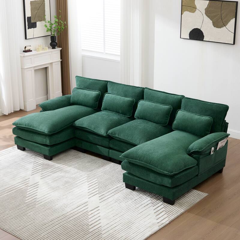 Symmetrical Chenille Upholstered Sectional Sofa U-shaped Cloud Couch with Double Chaise, Side Pockets and Double-layer Cushions - Emerald