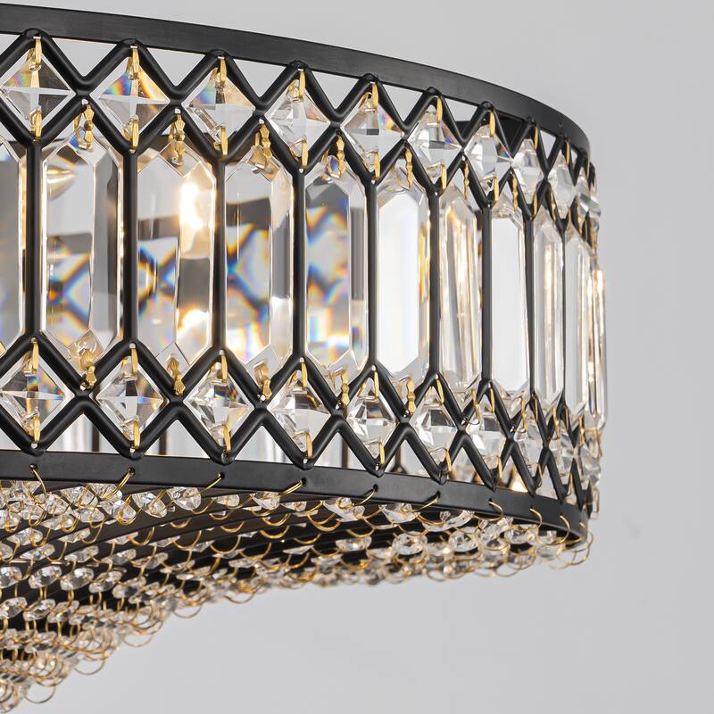 6 Light Matte Black Crystal Semi Flush Mount Ceiling Light Fixture - W19.6"