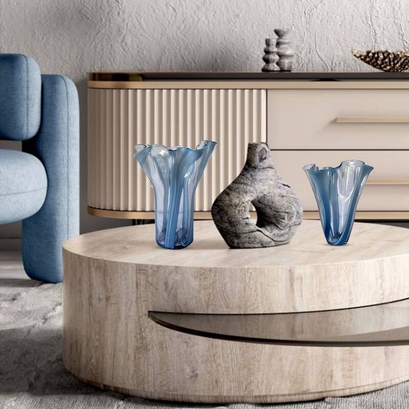 Set of Two Blue Striped Handblown Glass Vases with Scalloped Edges