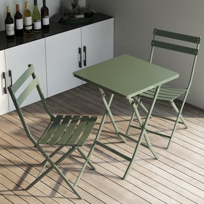 3 Piece Patio Bistro Set of Foldable Square Table and Chairs, Dark Greem,High quality and durable