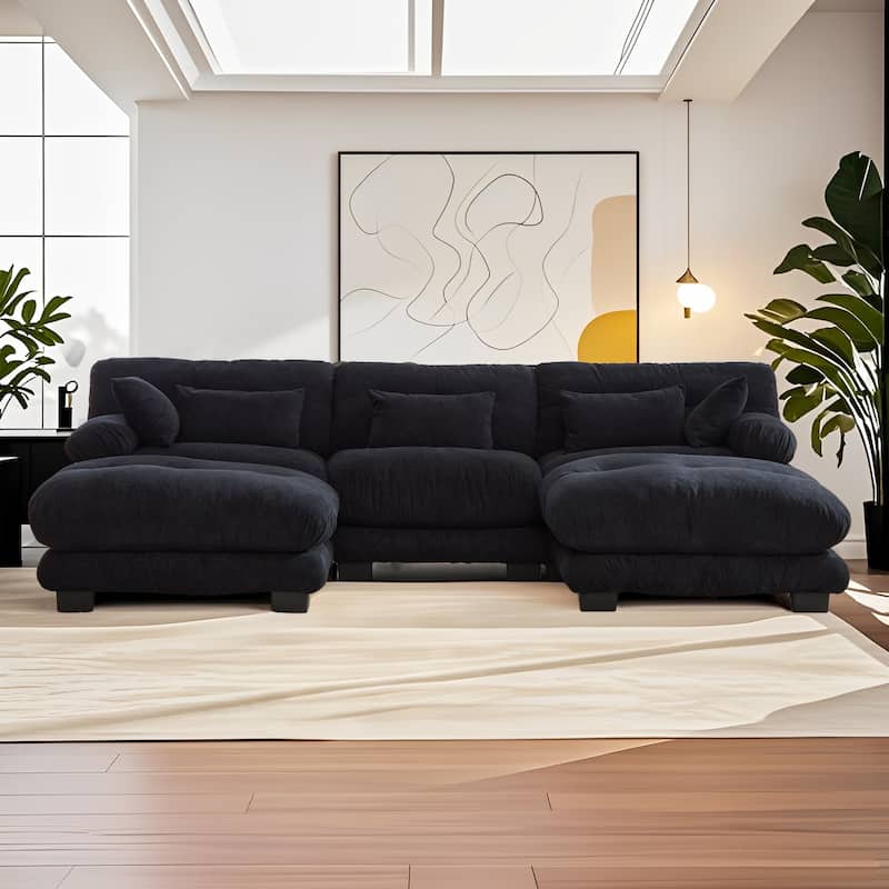 HOMEFUN Velvet Upholstered Oversized U-shaped Tufted Free Combined Sectional Sofa with Bolster Armrest Pillows - Black