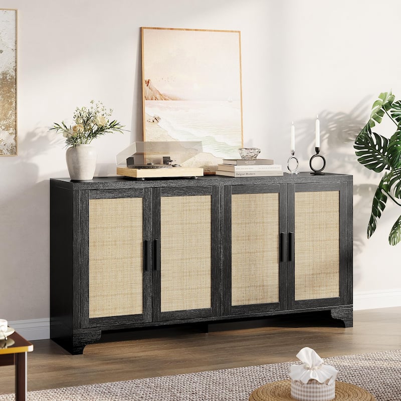 62 Inch Rattan Sideboard Buffet Cabinet, 4-Door with Shelves - Black