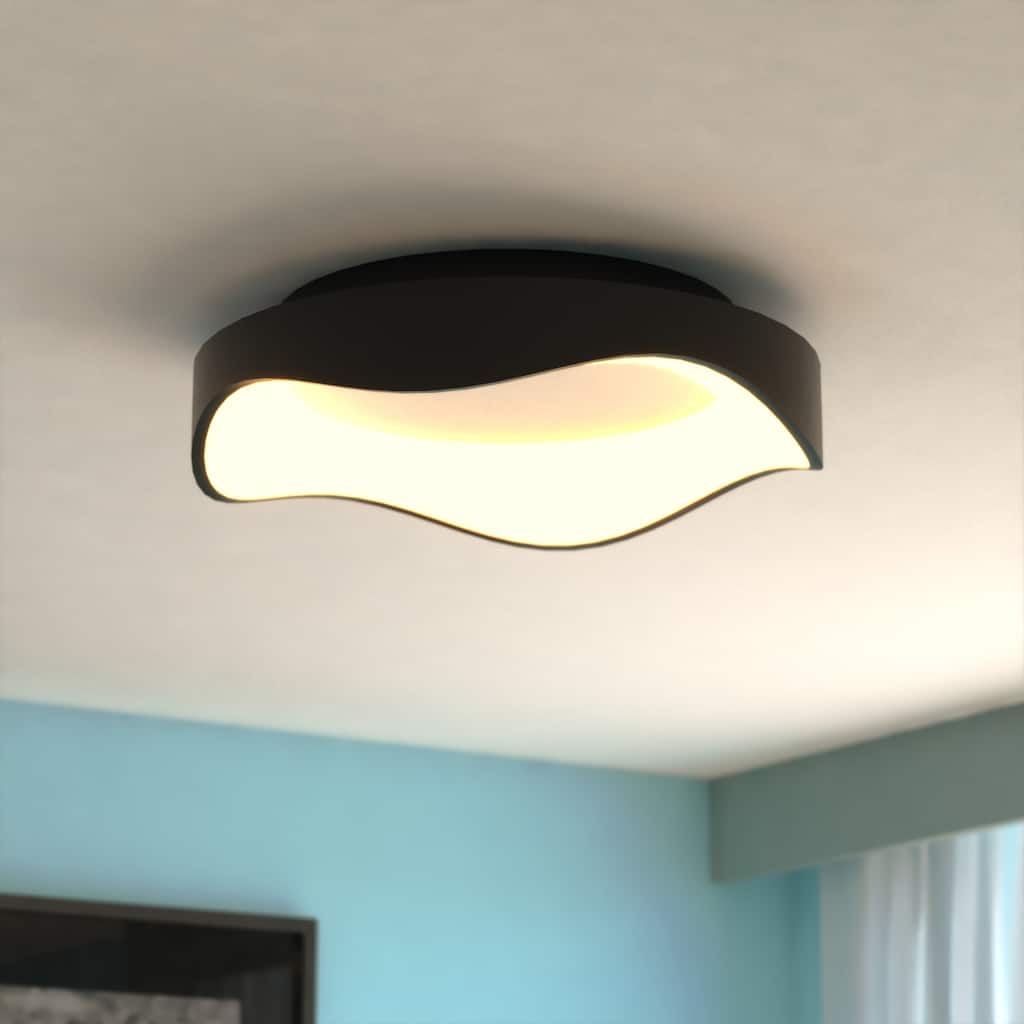 Bowen 1-Light Black Modern Round LED Flush Mount Lighting Fixture, White Frosted Shade Low Ceilings, Hallway, Kitchen