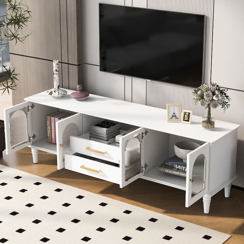 68.9'' Tv Stand For Tvs Up To 75 Inches,Entertainment Center Media Console With Fluted Glass Doors And Five Solid Wood Legs