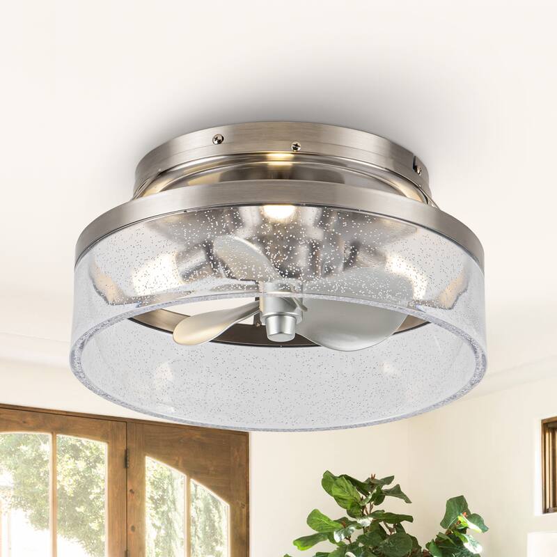 12.6-inch Satin Nickel Small Low Profile Fandelier Ceiling Fan with Light and Bubble Acrylic Cage - 12.6" W x 6.6" H