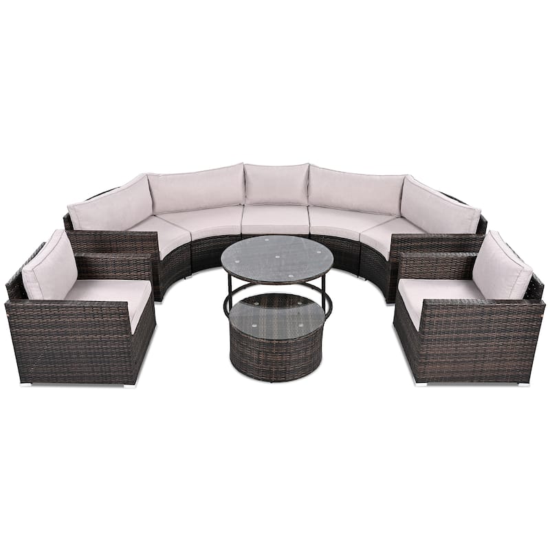 9-Piece Curved Outdoor Wicker Sectional Sofa Set with Overlapping Coffee Tables, Cushions, Modular Half-Moon Design