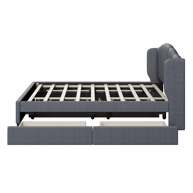 Queen Size Upholstered Bed Frame with Wingback Headboard Trundle and 2 Drawers, Center Support Legs Platform Bed Frame