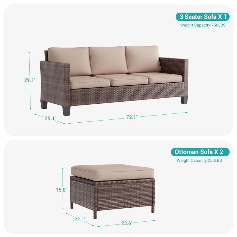 BONOSUKI 3-Piece Patio Sofa Set Brown Rattan Furniture with Ottomans
