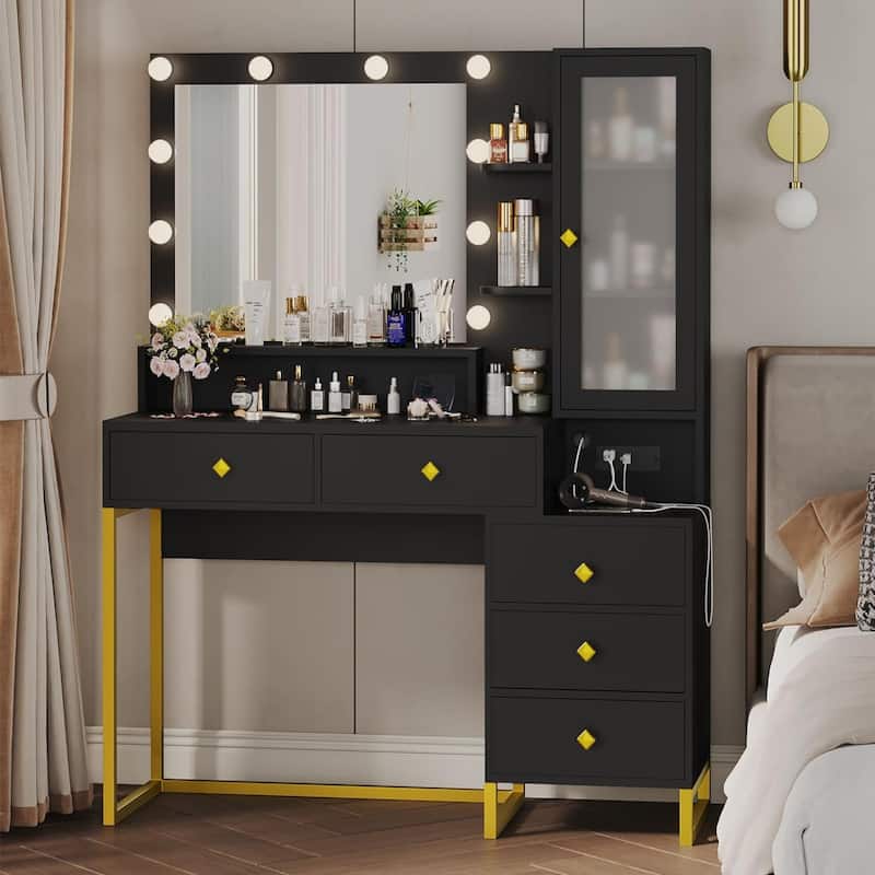 Vanity Desk with Mirror and Lights 5 Drawers and Storage Shelves