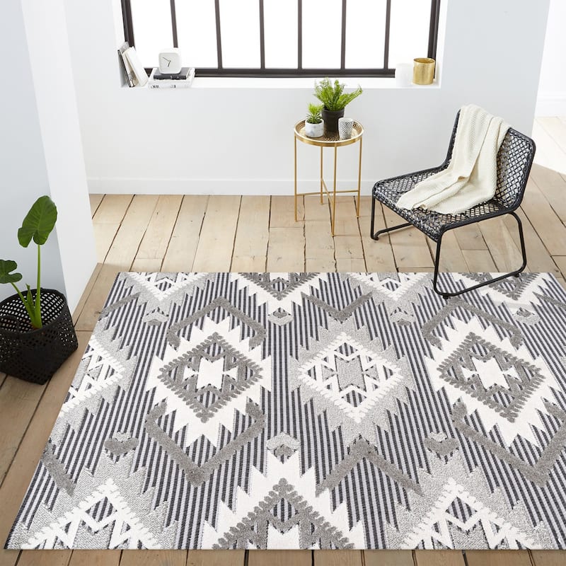 JONATHAN Y Duwun High-Low Pile Neutral Diamond Kilim Indoor/Outdoor Area Rug