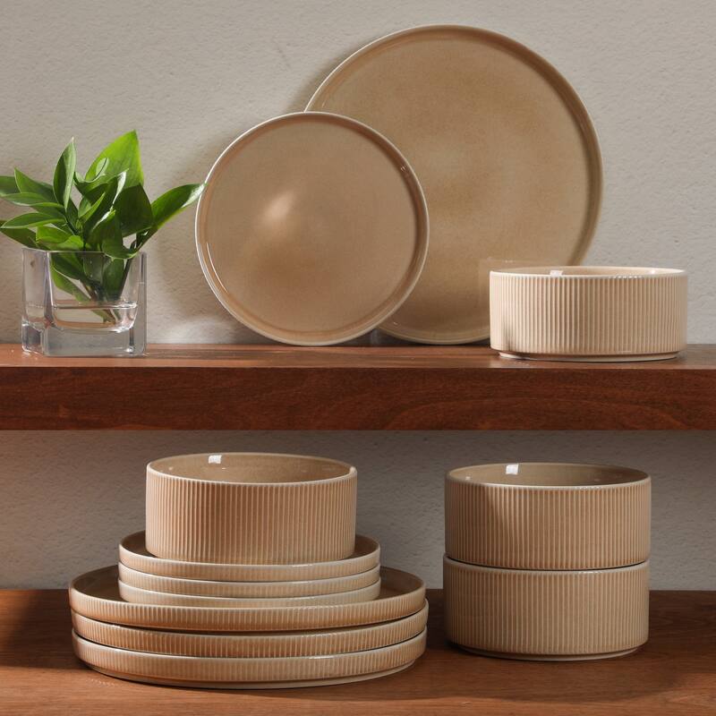 Gibson Elite Solana Coast 12 Piece Stoneware Reactive Glaze (Service for 4) Plates and Bowls Modern Shape Dinnerware Set
