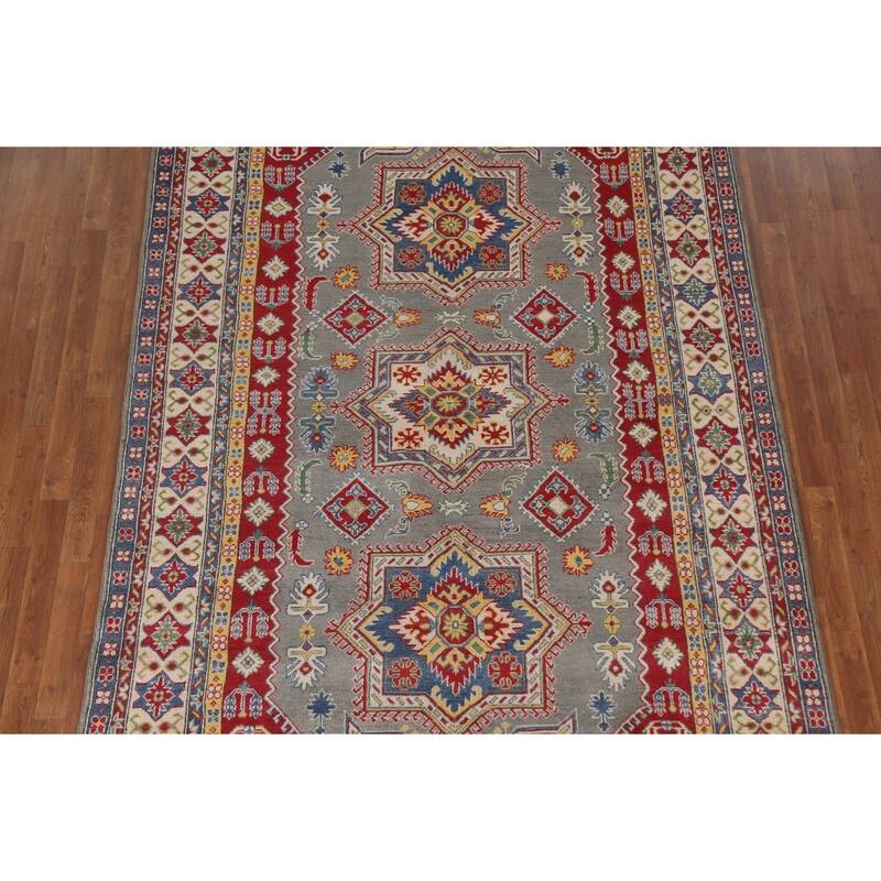 Hand Knotted Oriental 100% Wool Carpet Traditional Geometric Greys & Charcoal Kazak Area Rug - 9' 10'' X 6' 6''