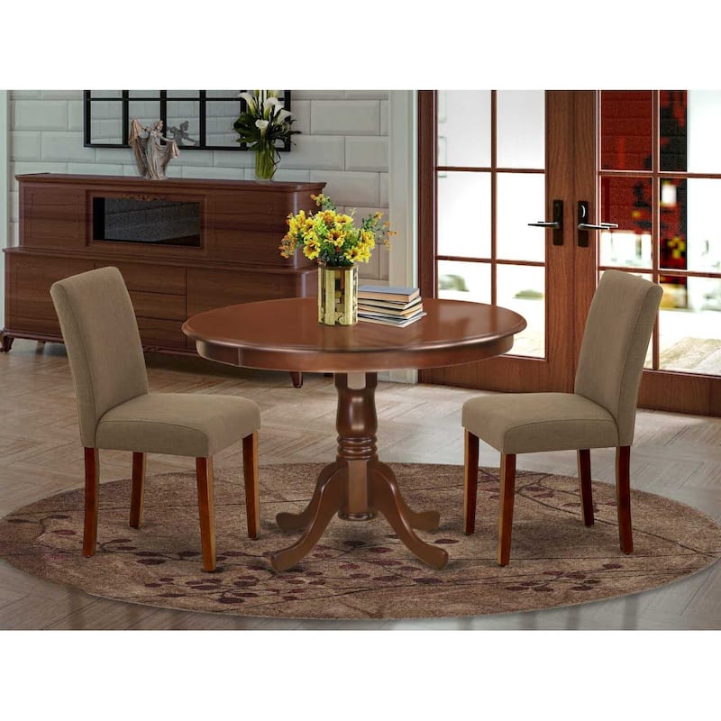 Round Kitchen Table Set 3pc - 42 Inch Table & 2 Parsons Chairs - Linen Fabric & Mahogany Legs - Dining Room Set