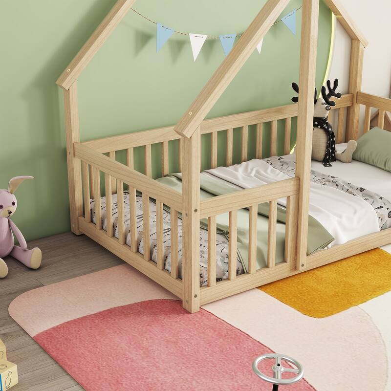Twin Wood House-Shaped Floor Bed with Fence, Guardrails for Small Space, Living Room, Bedroom, Apartment