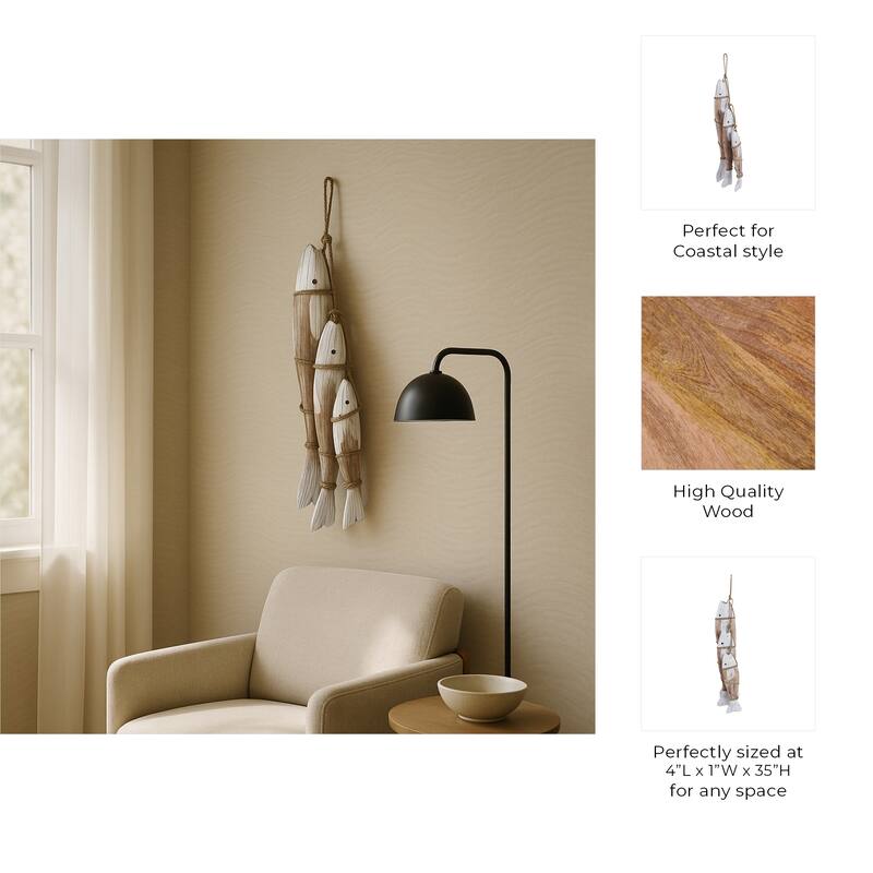 Decorative Wooden 3 Fish on Rope Figurine for Home Decor - 35", White - 35.0"