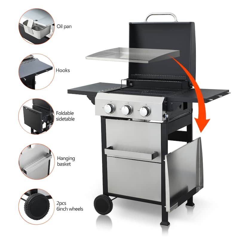 3 Burner BBQ Propane Gas Grill, Stainless Steel 36900 BTU Patio Garden Barbecue Grill with Two Foldable Shelves
