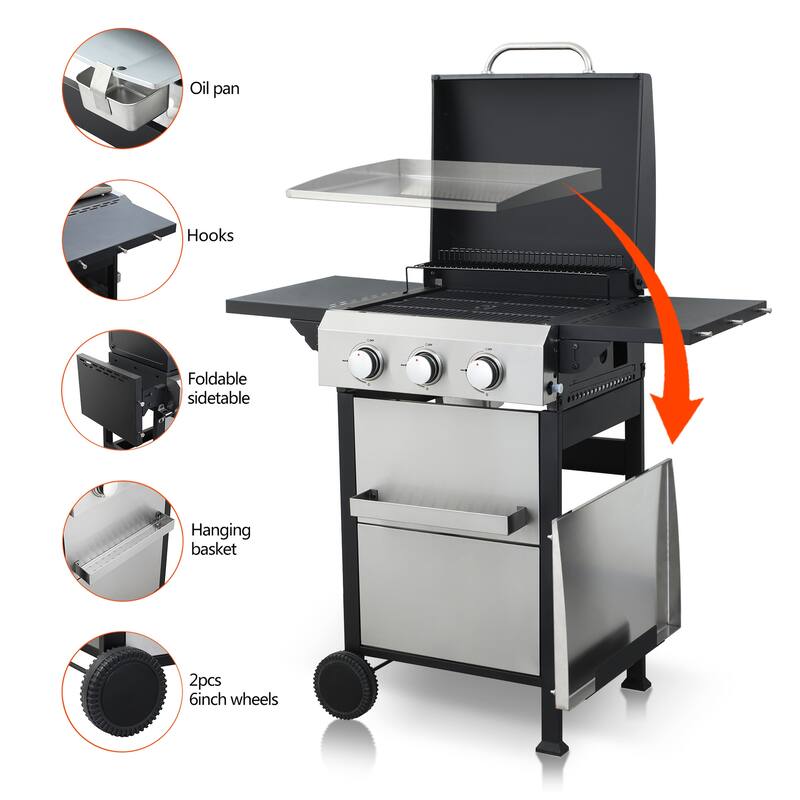 3 Burner Propane Gas Grill with Wire Enamel Cooking Grids Grid Foldable Side Table and Hanging Basket, for Outdoor Grilling