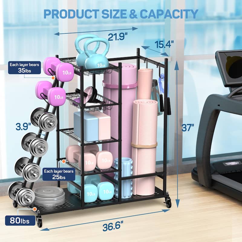 Home Gym Storage Rack for Dumbbells and Equipment - 36.6"D x 15.4"W x 37"H