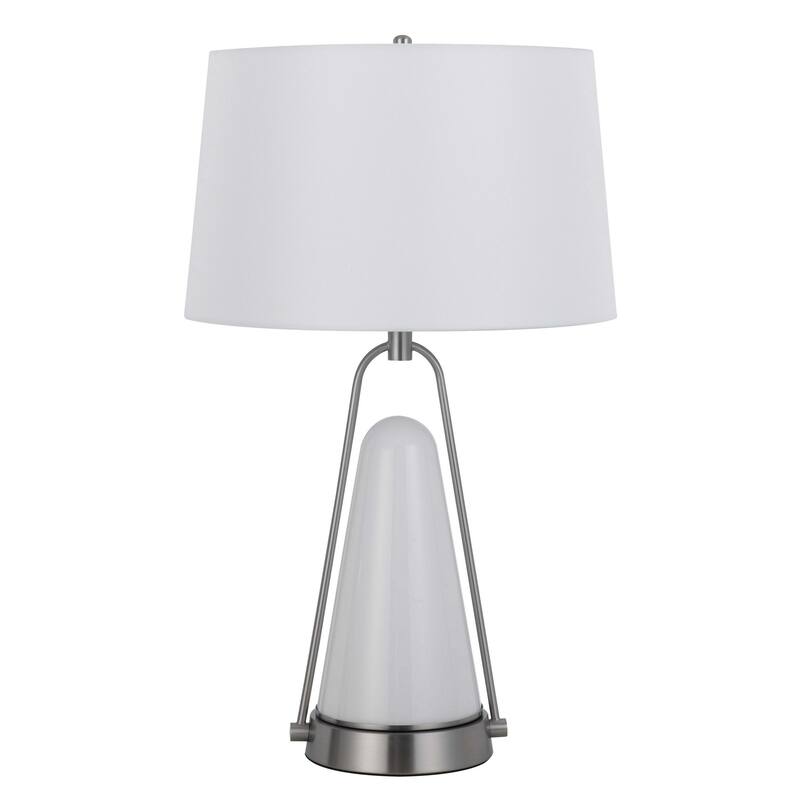 29 Inch Table Lamp, LED Lit, White Drum Hardback, Silver Metal and Glass