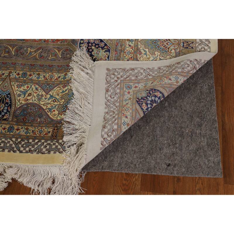 Hand Knotted Oriental 100% Silk Carpet Traditional Floral Yellow & Gold Qum Area Rug - 10' 2'' X 6' 5''