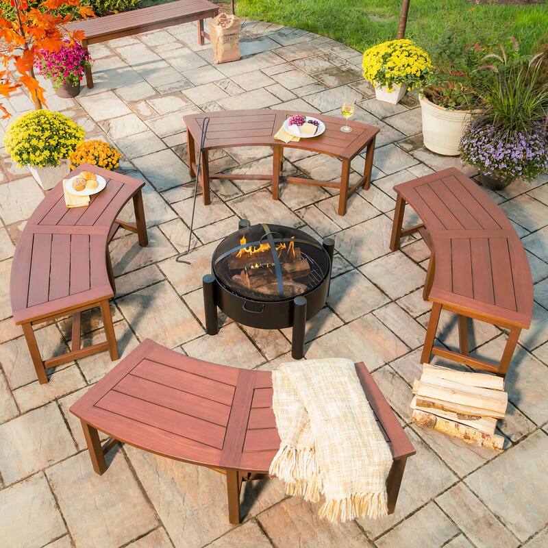 51 in. Natural Wood Curved Eucalyptus Slatted Backless Bench - 51.6x18.1x21.7