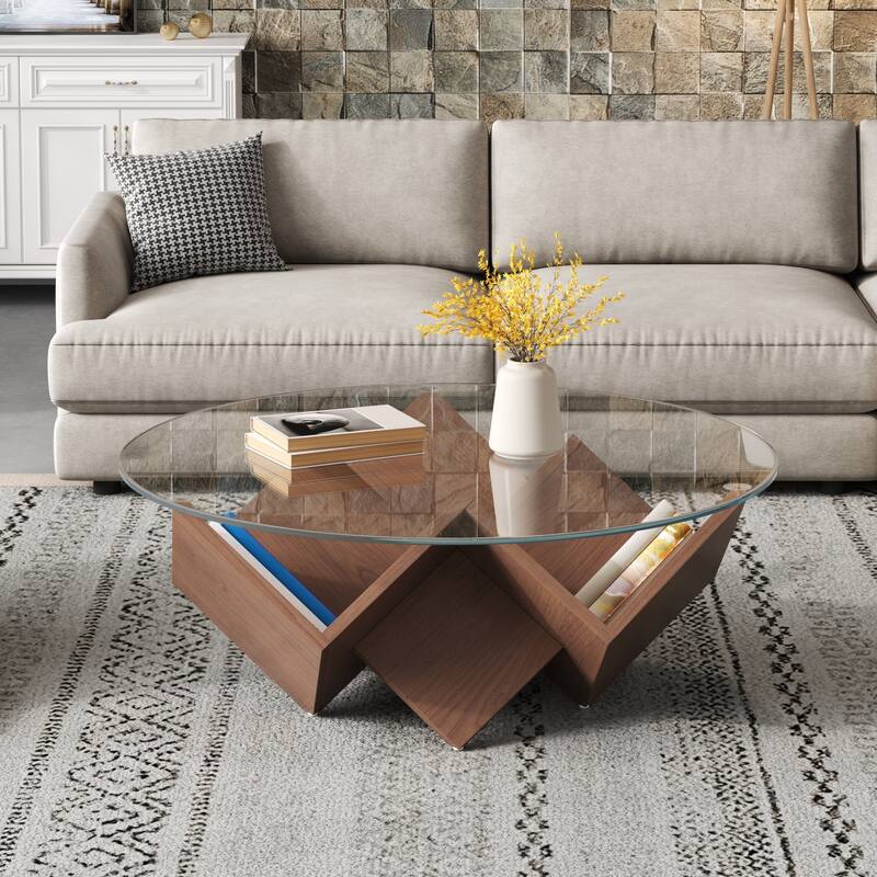 The Round Coffee Table with Glass Top and Geometric Abstract Art Deco Base Storage Shelves, Walnut, 35.4" - Walnut