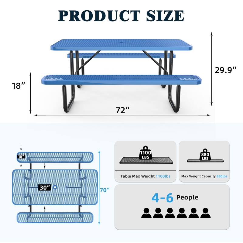 72" Expanded Metal Rectangular Picnic Table, Blue With Umbrella Hole