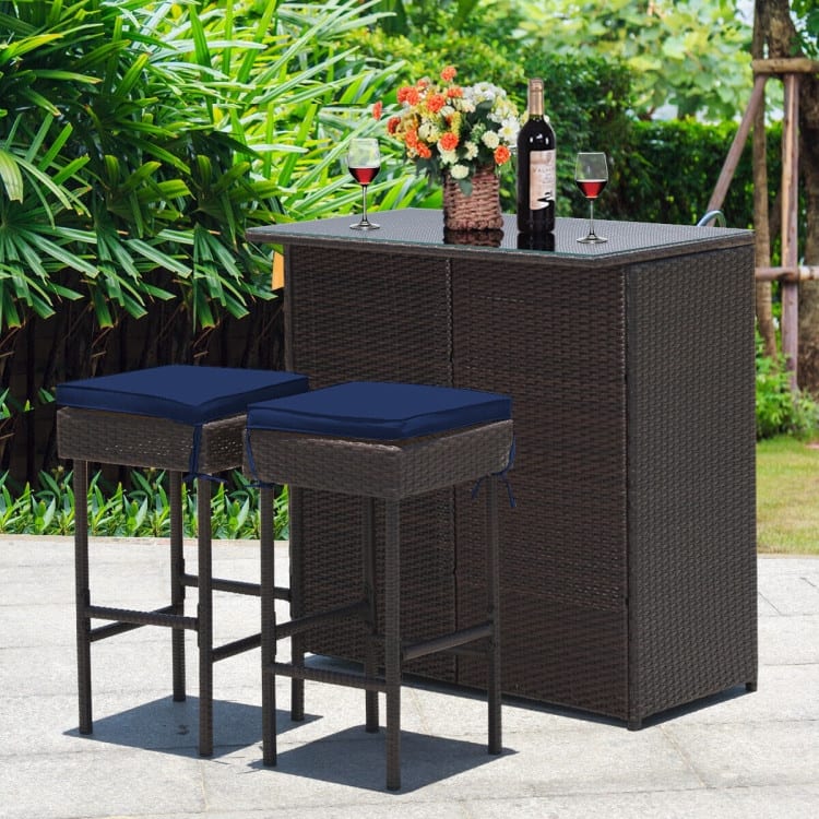 3-Piece Patio Rattan Wicker Bar Set with 2 Cushioned Stools for Outdoor Entertaining - 40" x 24" x 41.5" (L x W x H)