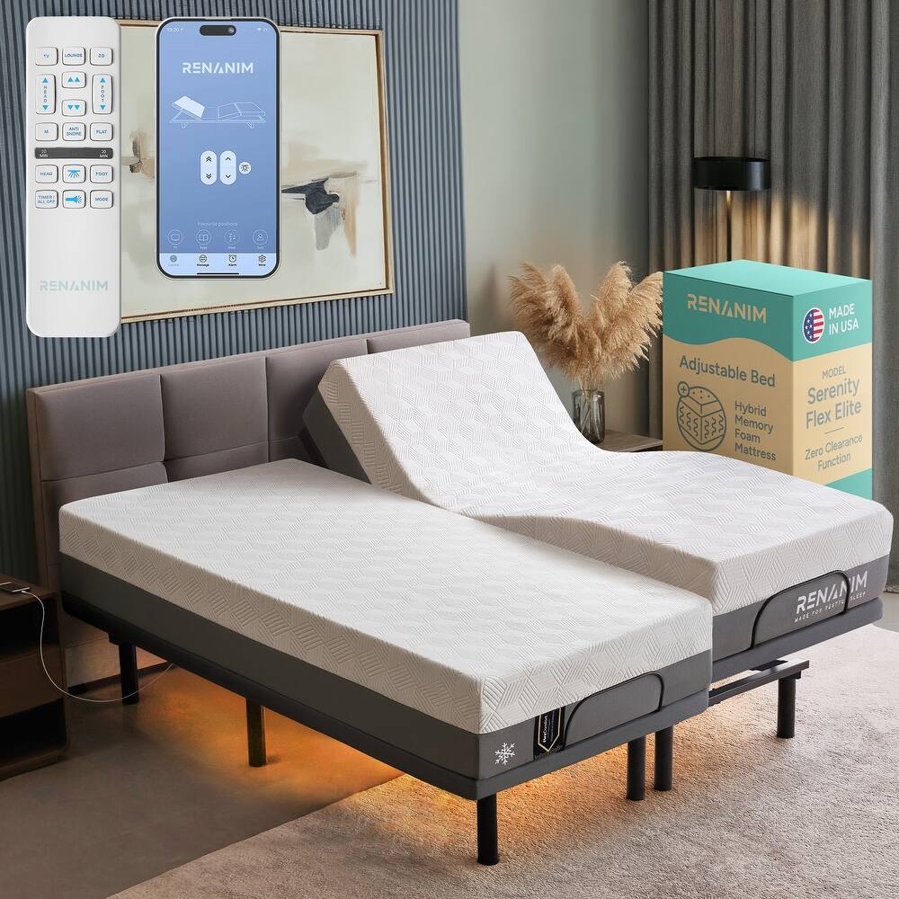 Renanim Adjustable SplitKing Bed Frame with Memory Foam Mattress, Dual Massage, USB Ports, App, Remote