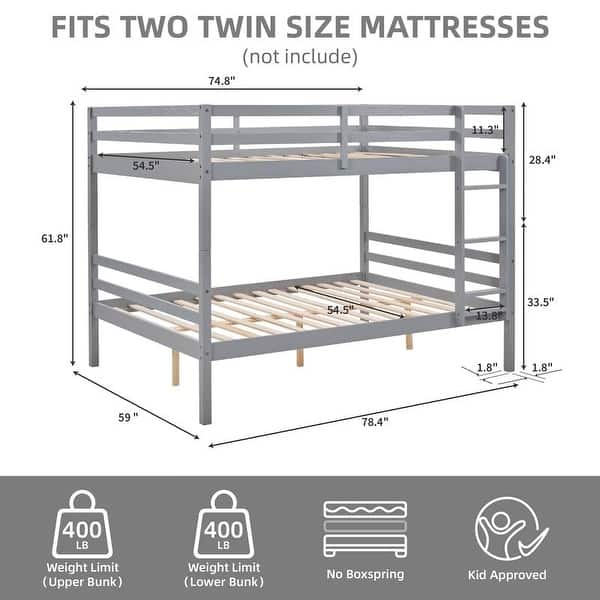 dimension image slide 0 of 2, Full over Full Bunk Bed with Ladder,Wooden Bunk Bed with High Guardrail and Ladder for Kids, Teens, Dorm Rooms, and Guest Rooms