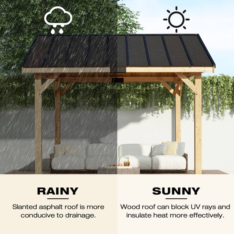 Hardtop Wood Gazebo for Patio, Outdoor Cedar/Spruce Pergola with Metal or Asphalt Roof, All-Weather Backyard Shelter