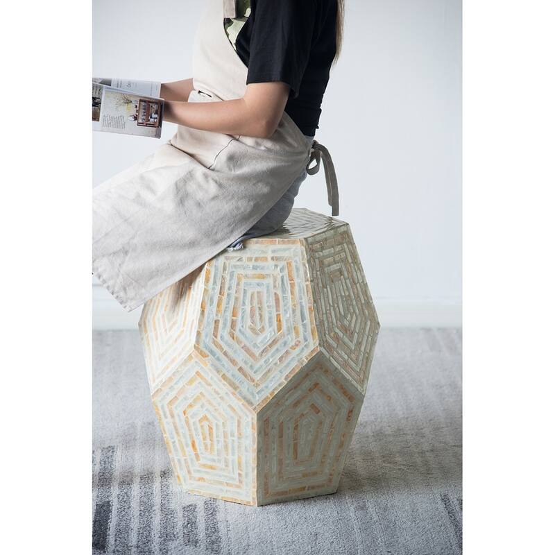 18x18x21" Hexagonal Capes Capiz Stool, Cream/Yellow